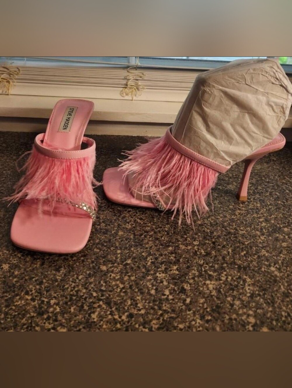 Steve Madden Pink Feather Slide Sandals with Crystal Strap - Picture 7 of 9